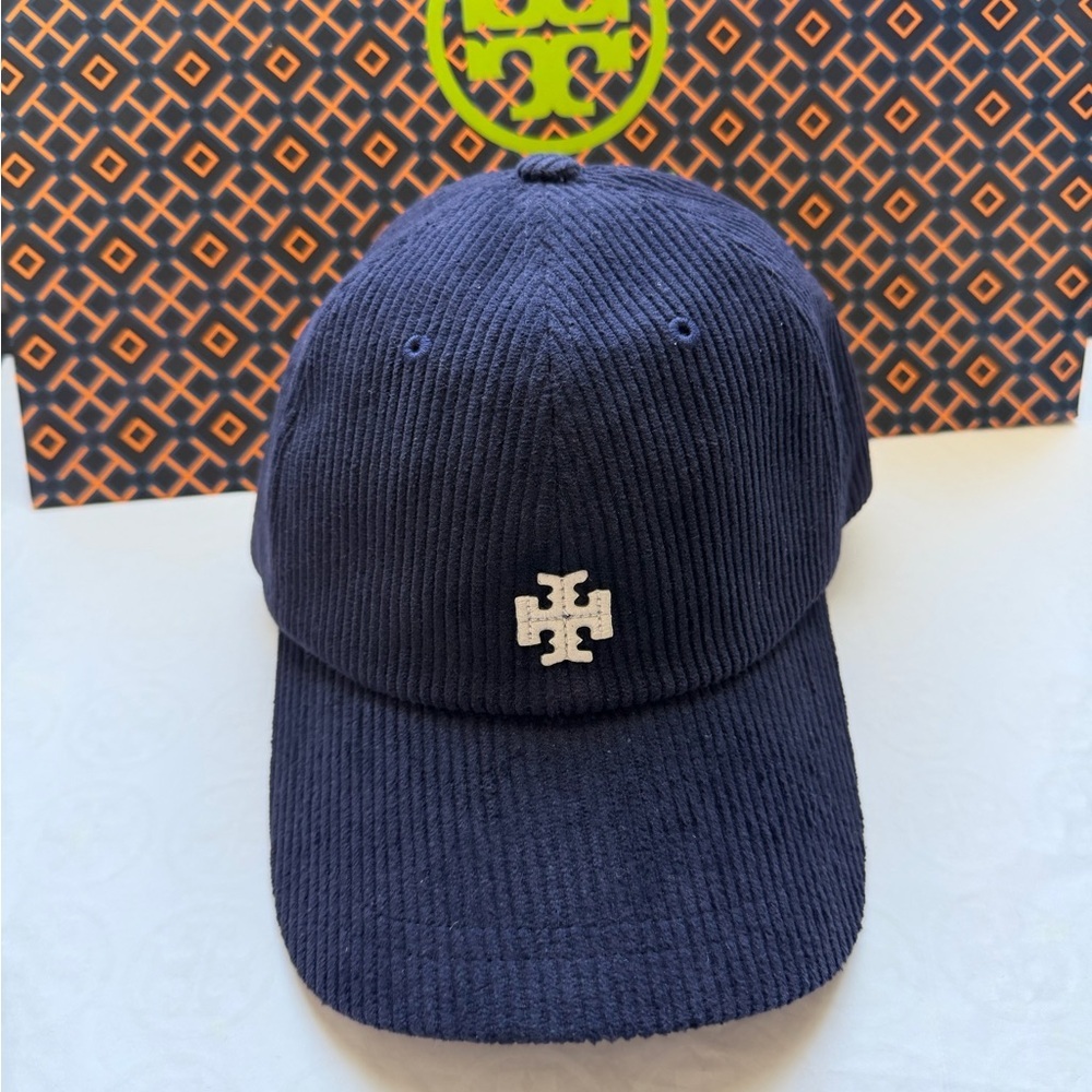 Tory Burch Corduroy Logo Cap Hat Tory Navy Blue